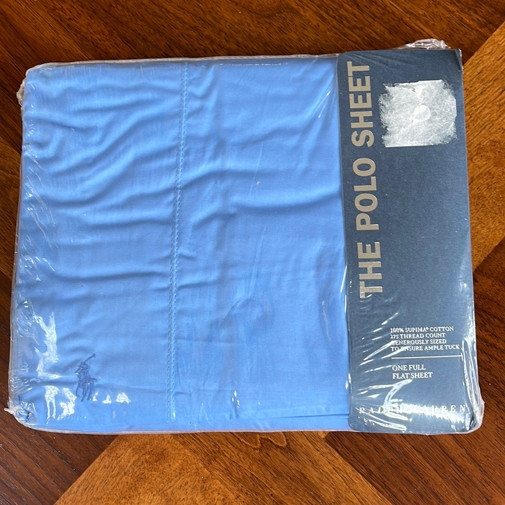 NEVER OPENED POLO RALPH LAUREN FULL SIZE FLAT SHEET BLUE SUPIMA COTTON - Picture 1 of 7